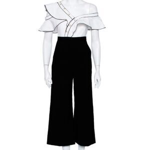 Self Portrait Monochrome Crepe Ruffled One Shoulder Jumpsuit ~ US 2